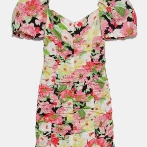 Zara floral puff ruched dress